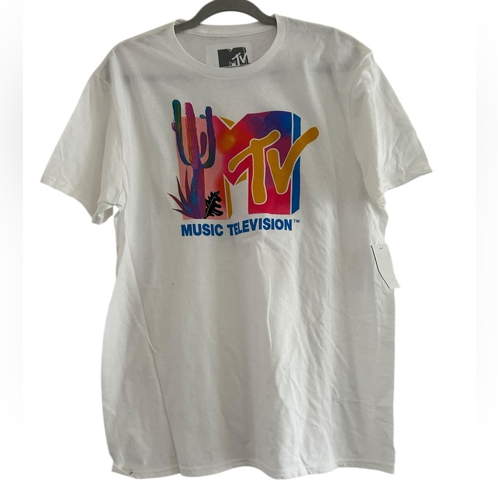 MTV Music Television Graphic Tee - White Retro Desert Cactus Logo - Size Large